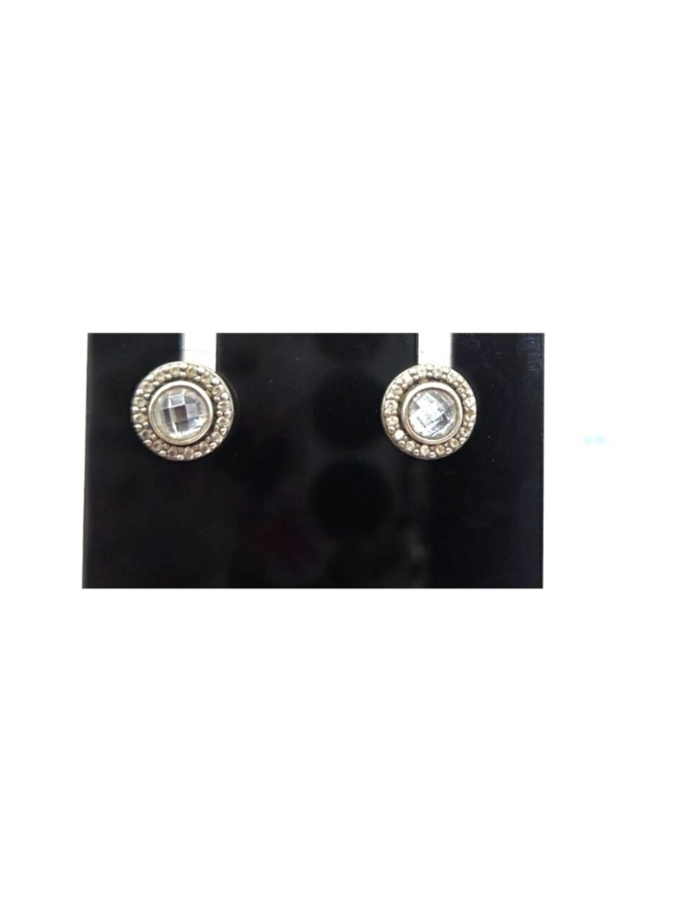 PANDORA Round Sterling Silver & Clear Gemstone Stud Earrings Beaded Border Desig